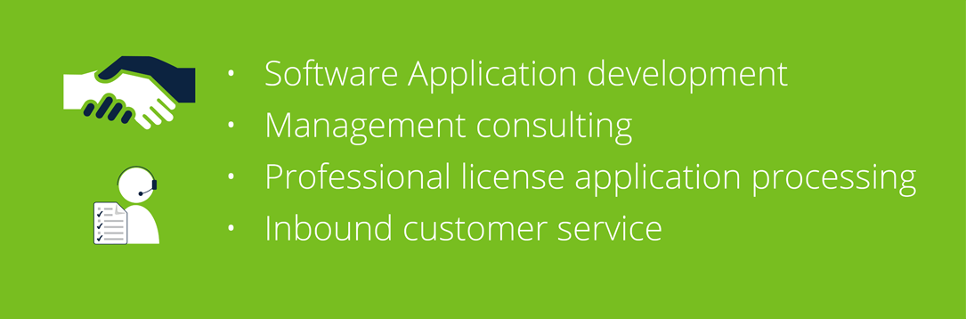 Software Application development / Management consulting / Professional license application processing / Inbound customer service