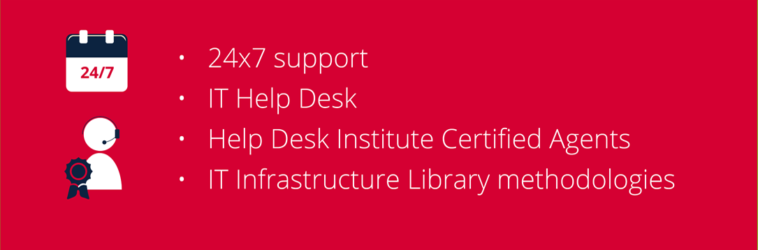24x7 support / IT Help Desk / Help Desk Institute Certified Agents / IT Infrastructure Library methodologies